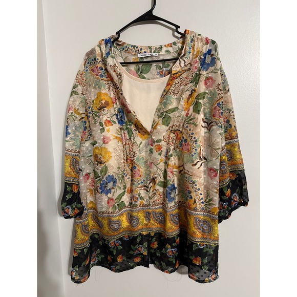 figueroa & flower Tops - Figueroa & Flower Women 2X Floral Paisley Metallic Blouse Ivory Yellow NWT